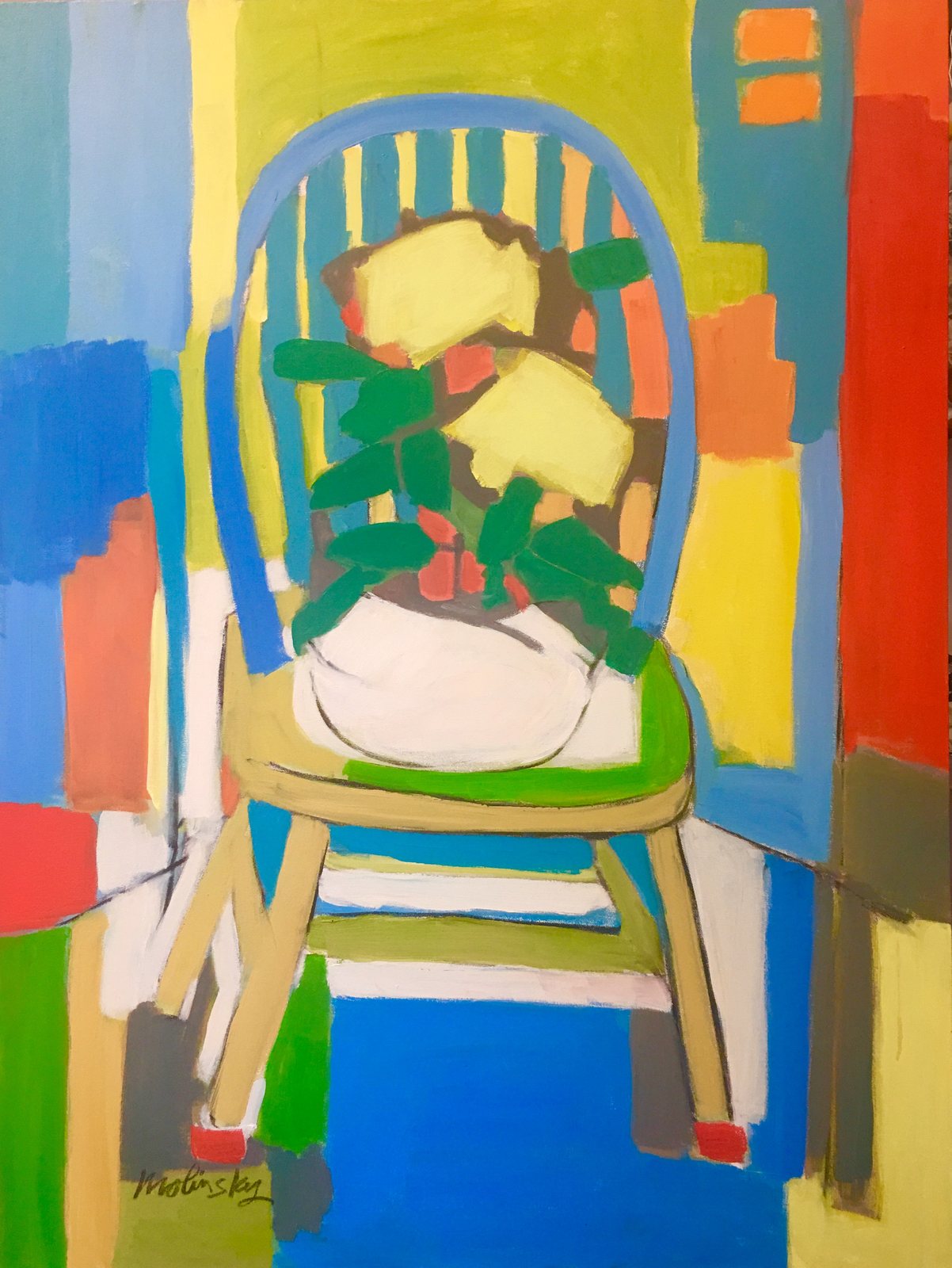 Chair with Potted Hydrangea Plant, acrylic on canvas by Betsie Molinsky