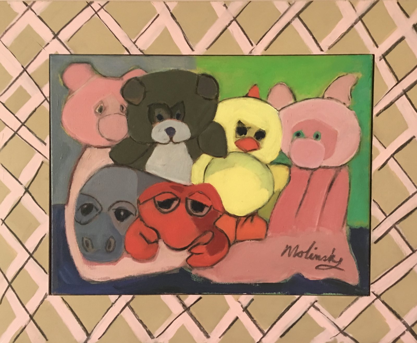 Gracie's Bedtime Friends, 18" x 24" painted frame 21" x 27' by Betsie Molinsky