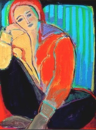 Seated Figure with Striped Screen, a painting by Betsie Molinsky
