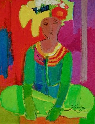 Seated Woman with Headdress, acrylic on canvas by Betsie Molinsky