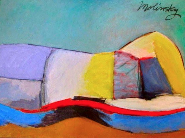 Sleeping Figure on a Blue Carpet, acrylic on canvas by Betsie Molinsky