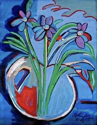 Daises in a Blue Pitcher, acrylic on canvas