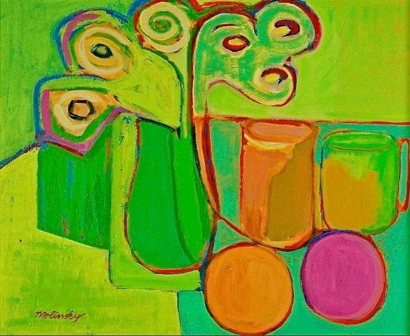 Flowers in a Green Vase, acrylic on canvas