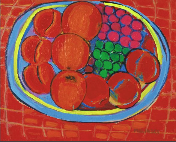 Fruit on a Blue Plate, acrylic on canvas