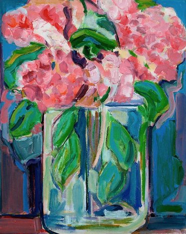 Hydrangeas in a Glass Container, acrylic on canvas