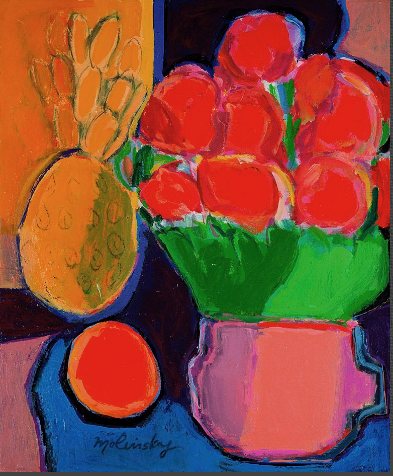 Pineapple, Orange and Roses, acrylic on canvas