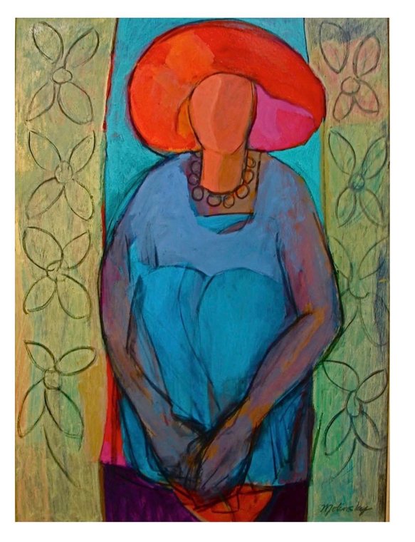 Red Brimmed Hat, acrylic on canvas