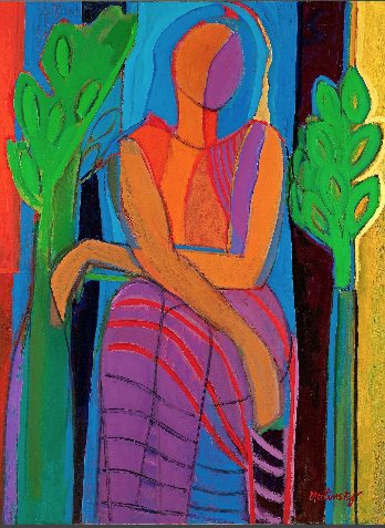 Seated Woman with Stripe Skirt, acrylic on canvas