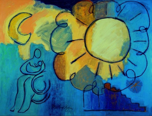 Sun, Moon and Star, acrylic on paper