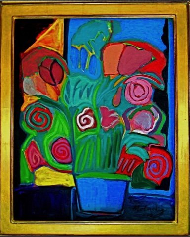 Tulips in a Blue Pot, acrylic on canvas