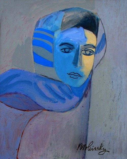 Woman with Striped Scarf, acrylic on canvas by Betsie Molinsky