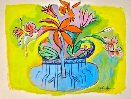 Woven Basket with Stargazers, acrylic & charcoal on paper by Betsie Molinsky